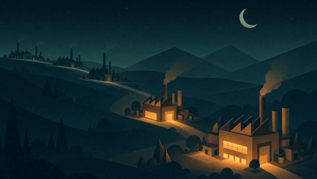 A receding chain of factories, the nearest lit and the distant ones in shadow, illustrating the Scope 3 value-chain emissions gap