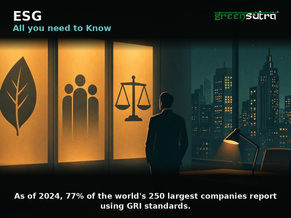 ESG: All you need to Know title card with the three ESG pillars and the GreenSutra logo