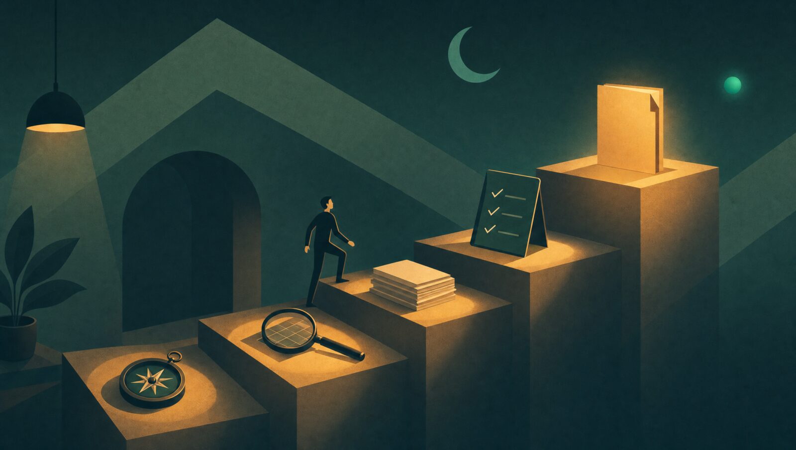 Night editorial scene of ascending steps toward a finished sustainability report, illustrating how a company starts an ESG programme