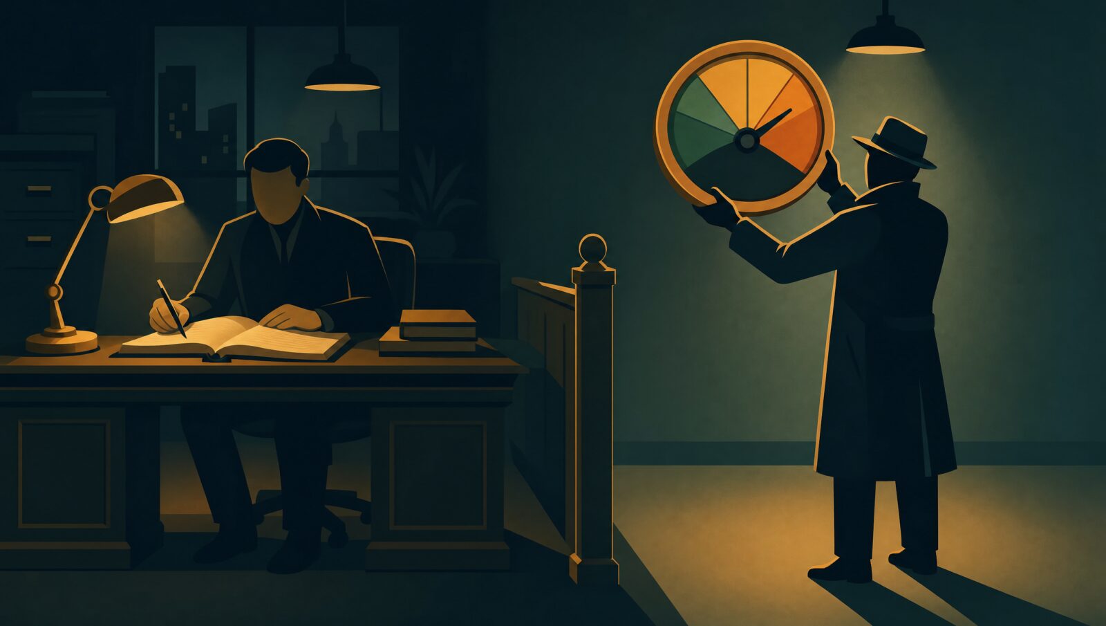 Night editorial scene of a company writing its own ESG report while a separate figure holds a grading dial, showing that reporting and rating are done by different parties