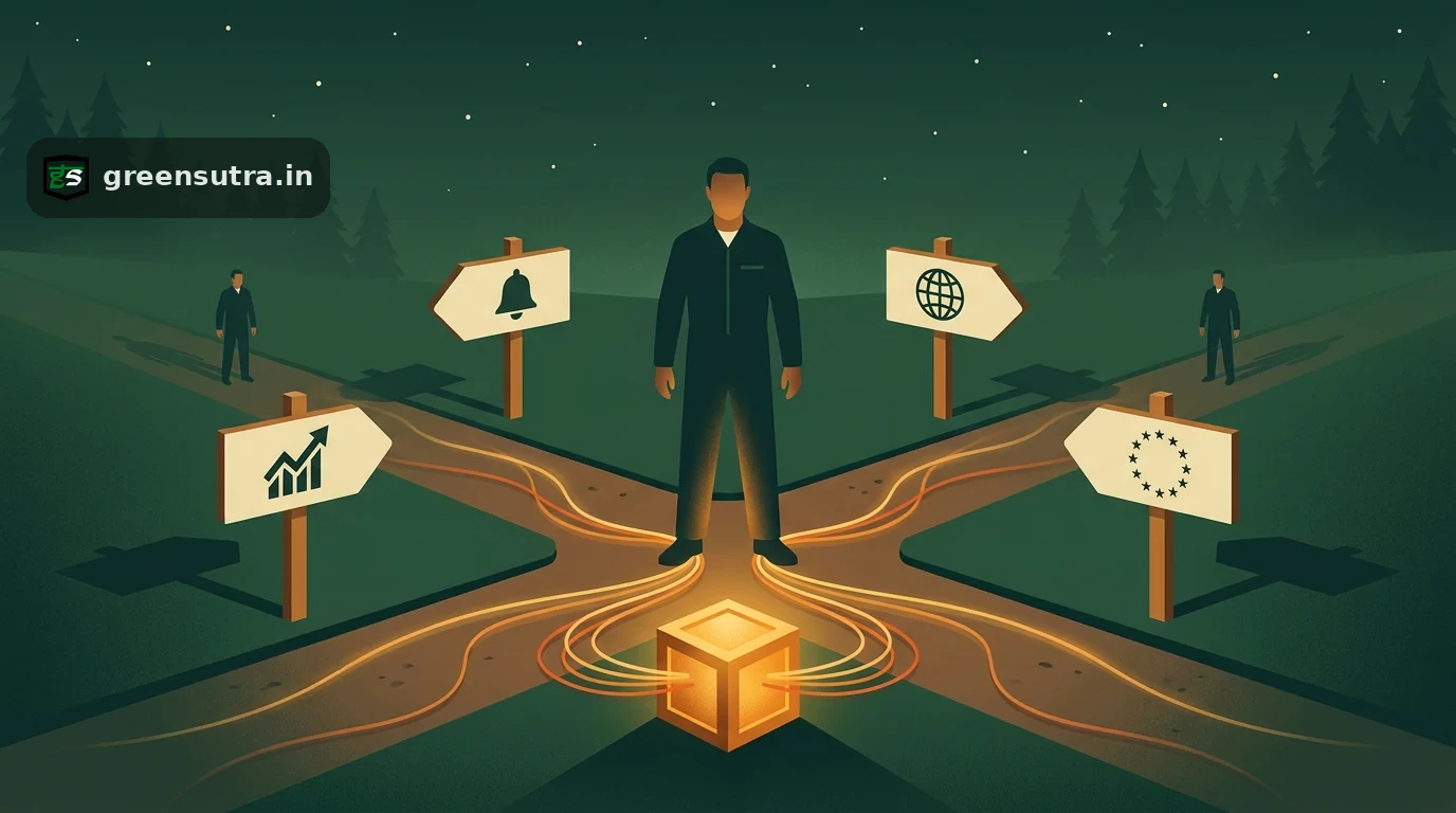 Worker at a four-way signposted junction, one data crate feeding all paths, choosing an ESG framework