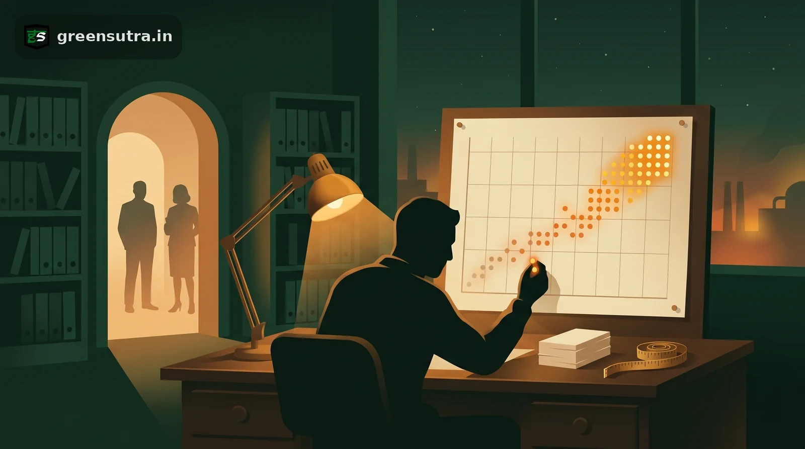 Night-vector scene of a faceless analyst plotting ESG topics on a two-axis materiality matrix at a ledger desk