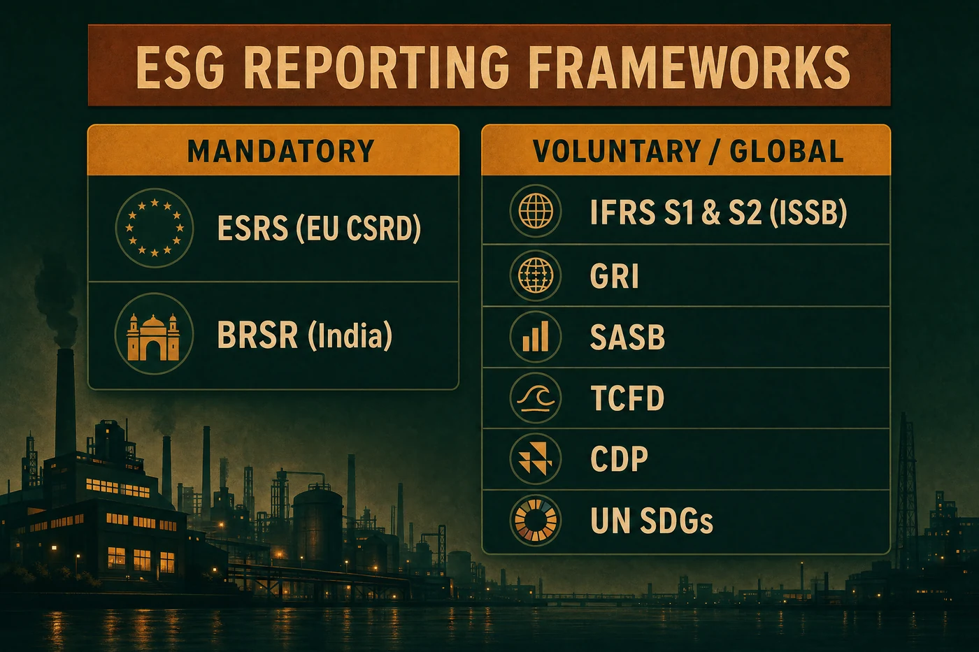 Chart of ESG reporting frameworks split into mandatory (ESRS, BRSR) and voluntary global standards