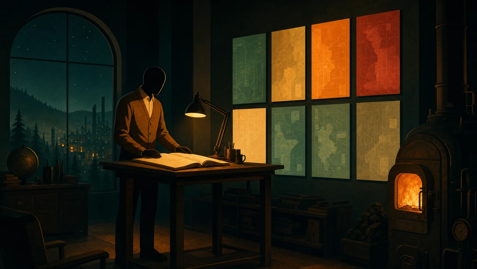 Faceless analyst comparing a wall of ESG framework panels in a night office