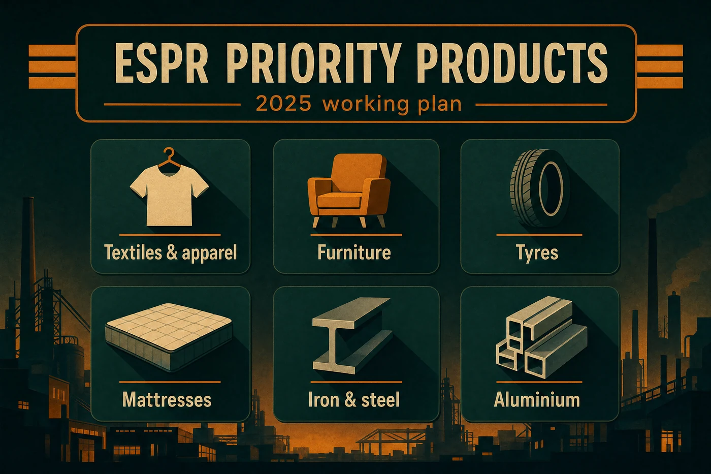 Grid of ESPR priority product groups: textiles, furniture, tyres, mattresses, steel, aluminium