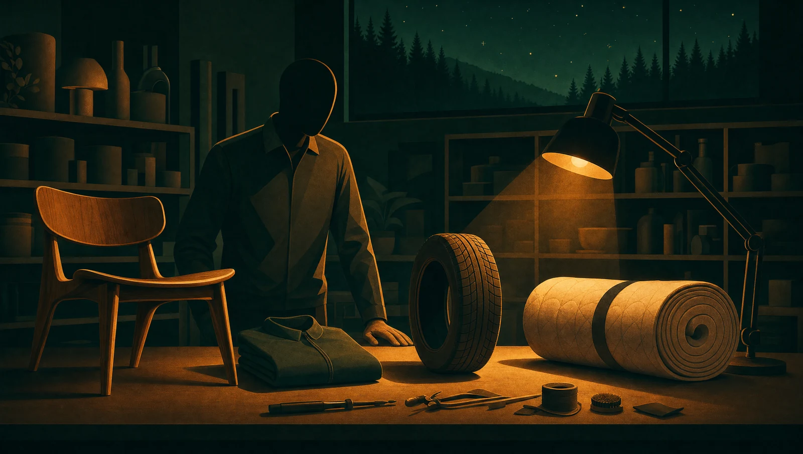 Faceless designer examining eco-designed products at a night workbench