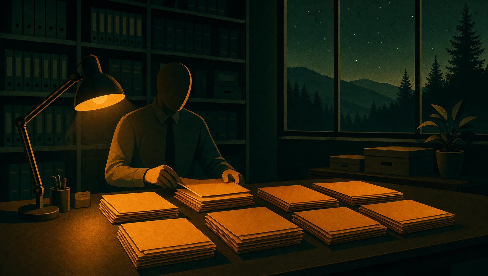 Faceless auditor sorting twelve ESRS report folders into four groups at night