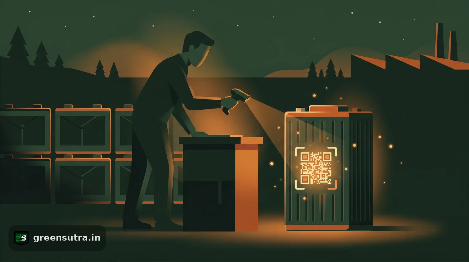 Night-vector scene of a worker scanning a QR code on an EV battery for the EU battery passport