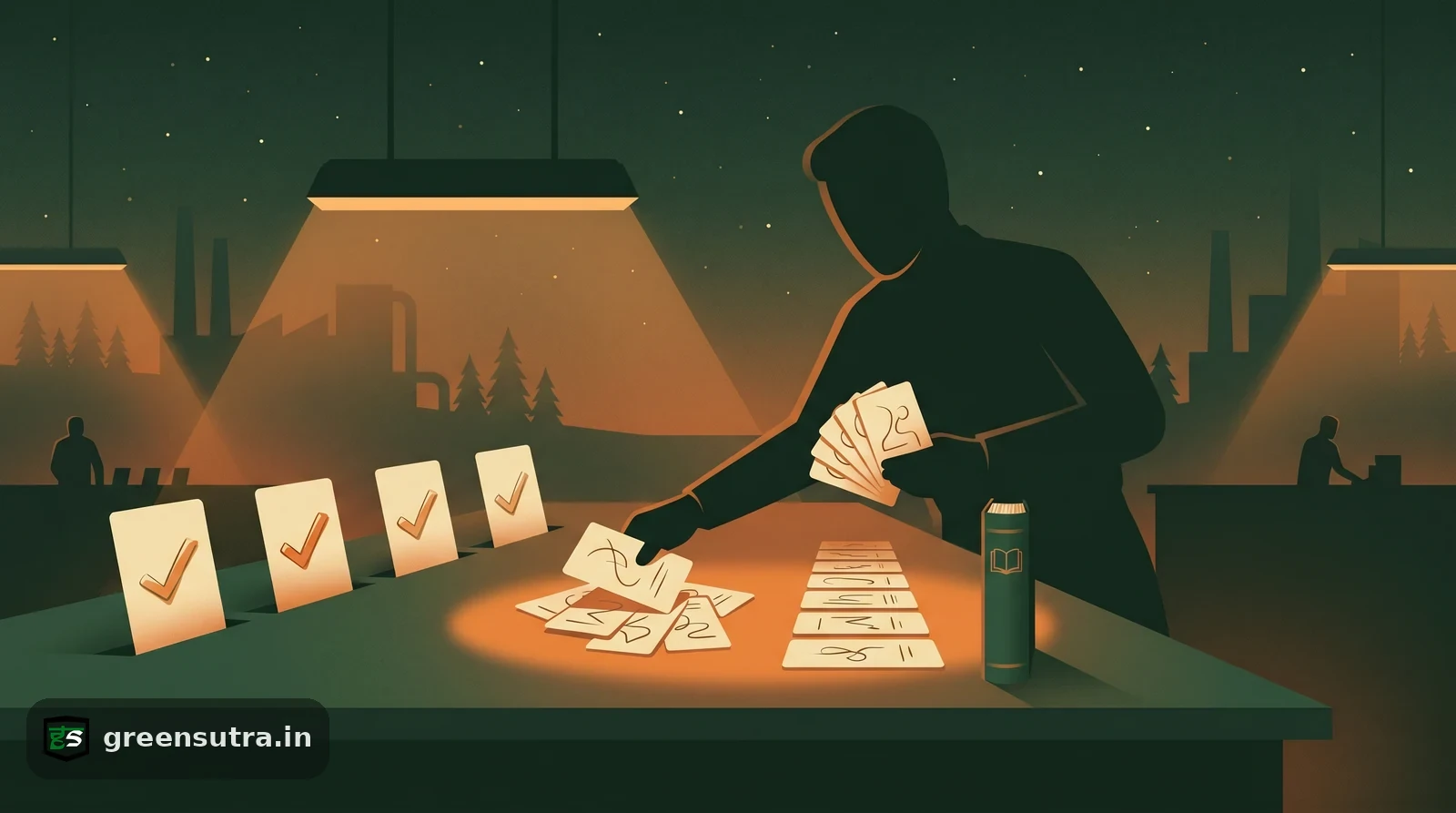 EU Taxonomy alignment scene: a figure sorting activity cards into an aligned column past four check marks at night