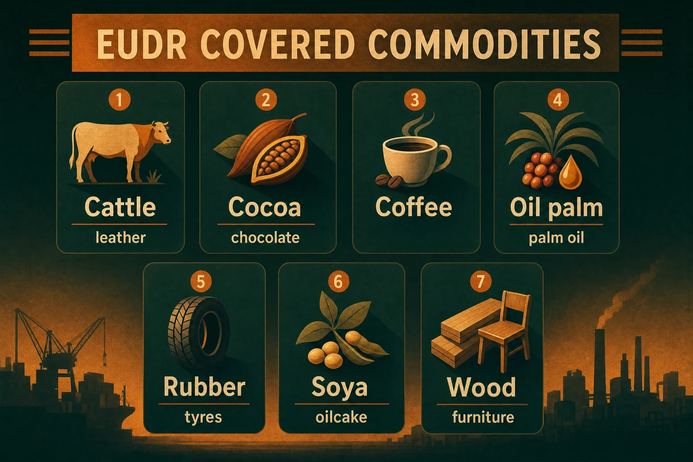 Grid of the seven EUDR commodities with an example each: cattle, cocoa, coffee, oil palm, rubber, soya, wood