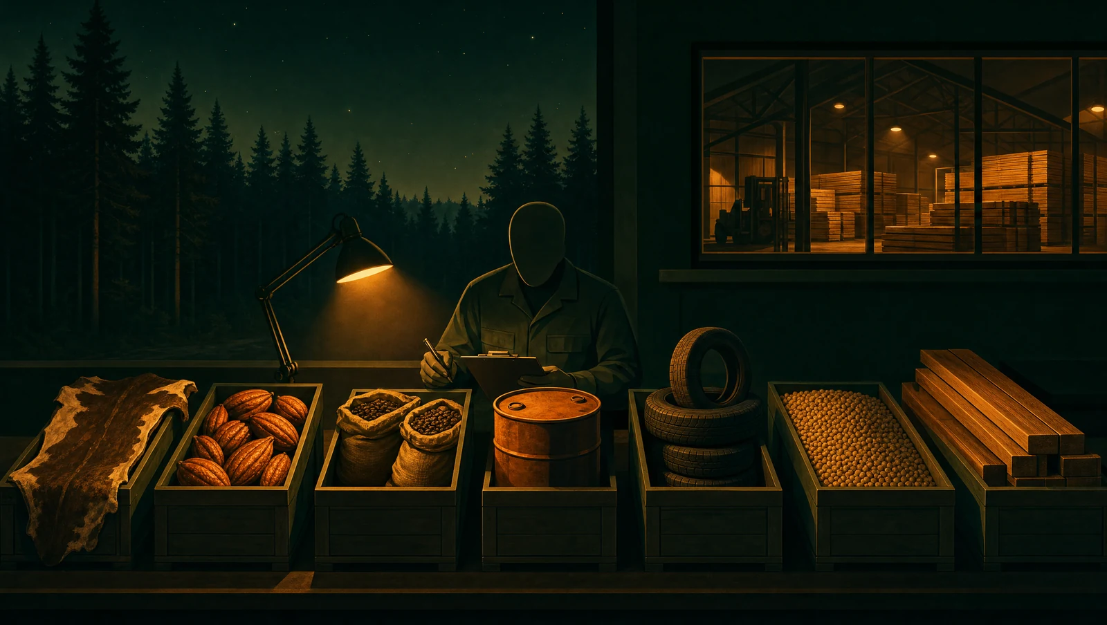 Faceless inspector sorting seven EUDR commodity crates at a night desk