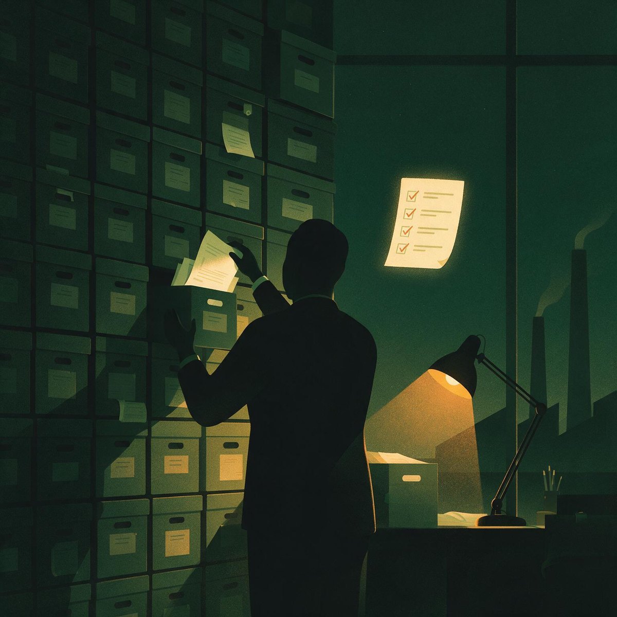 Consultant filing an e-waste EPR return into a wall of records with a ticked compliance checklist