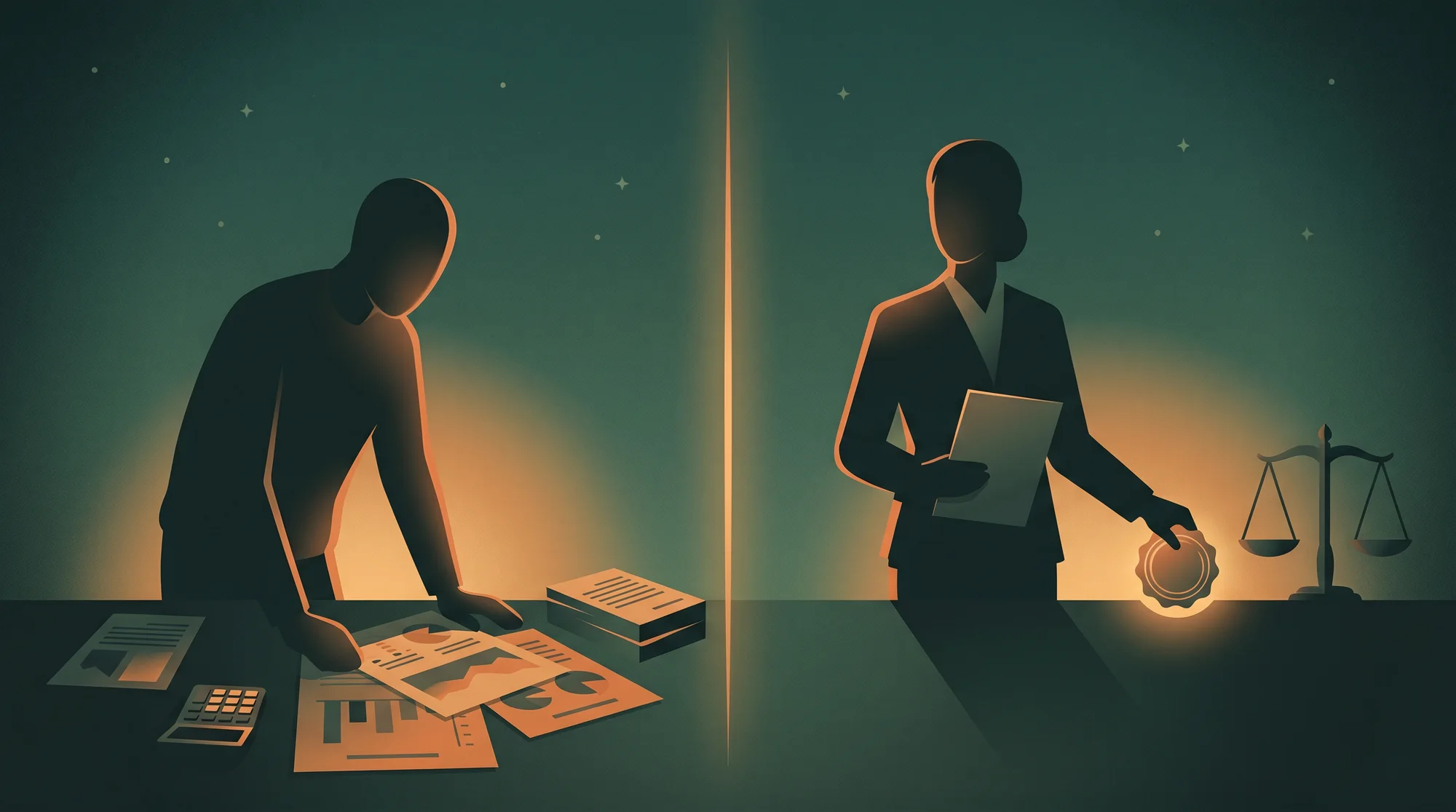 A GreenSutra consultant prepares emissions evidence on the left while a separate independent reviewer seals and verifies it on the right.
