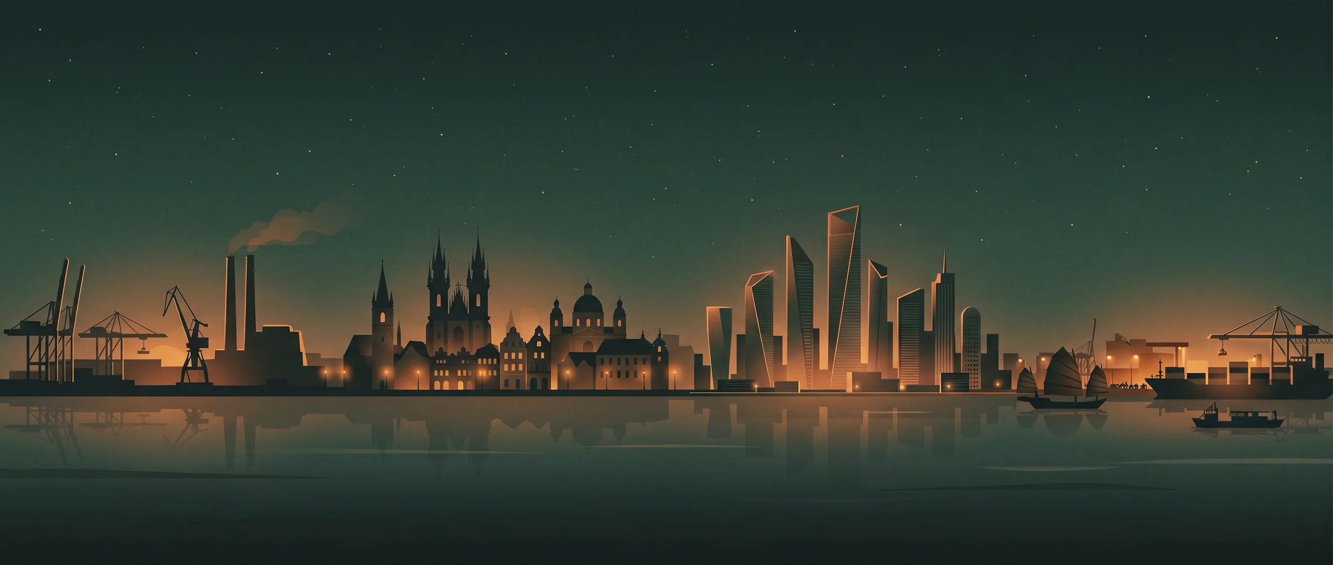 Night view of the export markets GreenSutra serves across India, Europe, the Gulf and Southeast Asia.