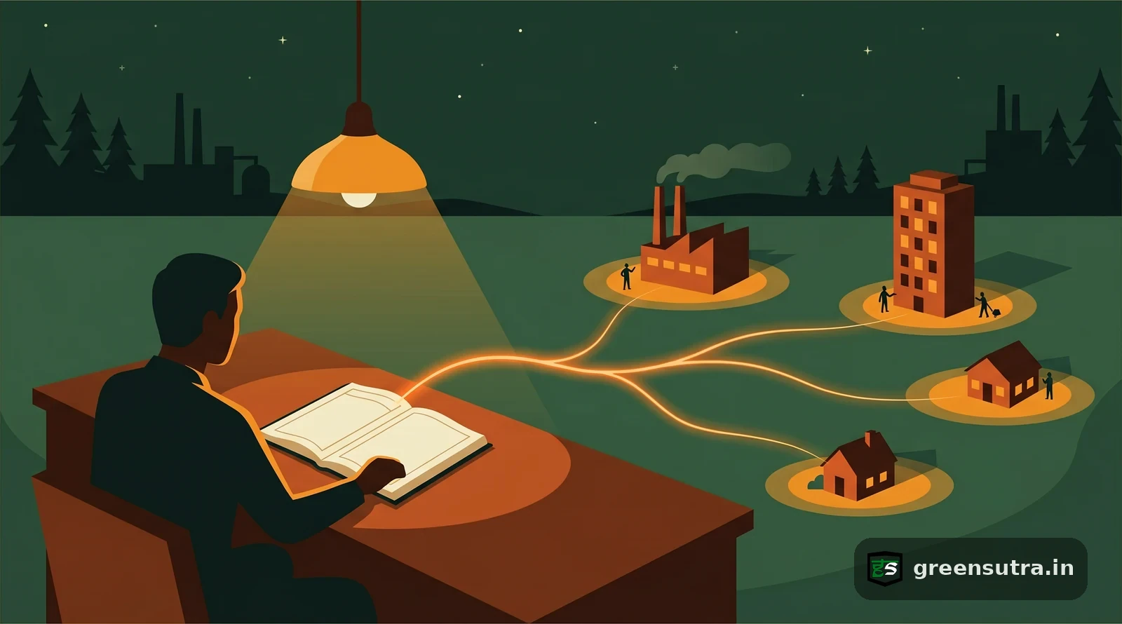 Night-vector analyst tracing loan lines from a ledger into a lit portfolio, illustrating financed emissions and carbon footprint
