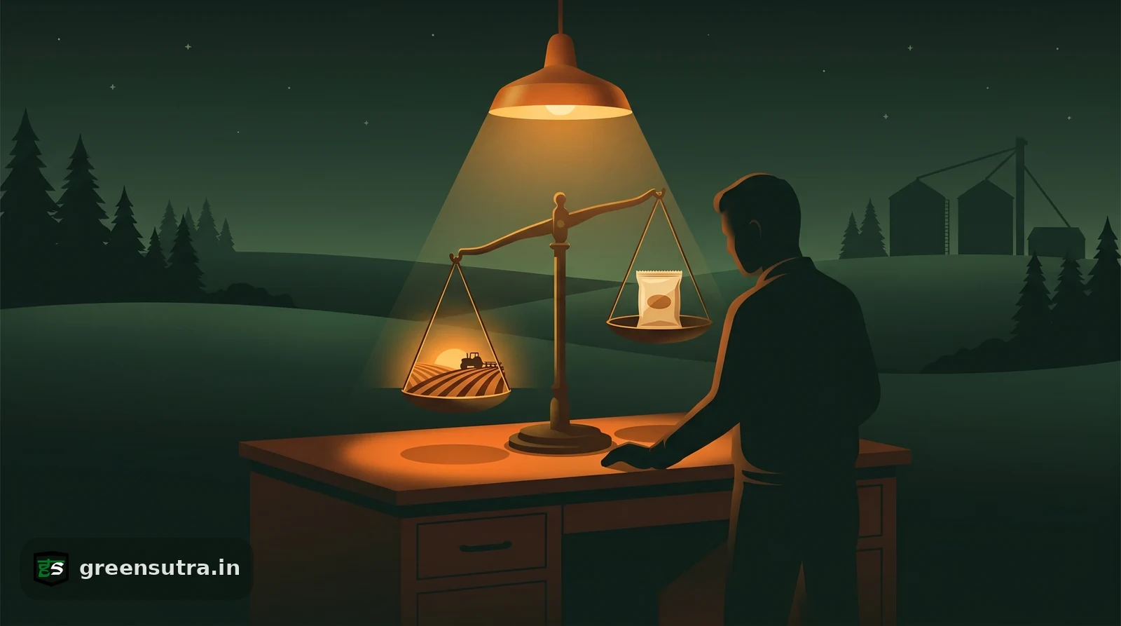 Night-vector scene weighing a heavy farm field against a food package, showing where a food product carbon footprint concentrates