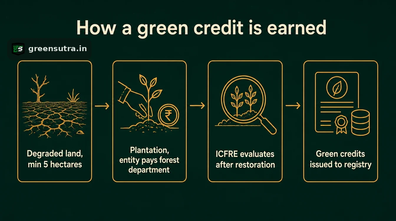 How a green credit is earned: degraded land is planted with payment to the forest department, ICFRE evaluates the restoration after the required period, then issues green credits to the registry.