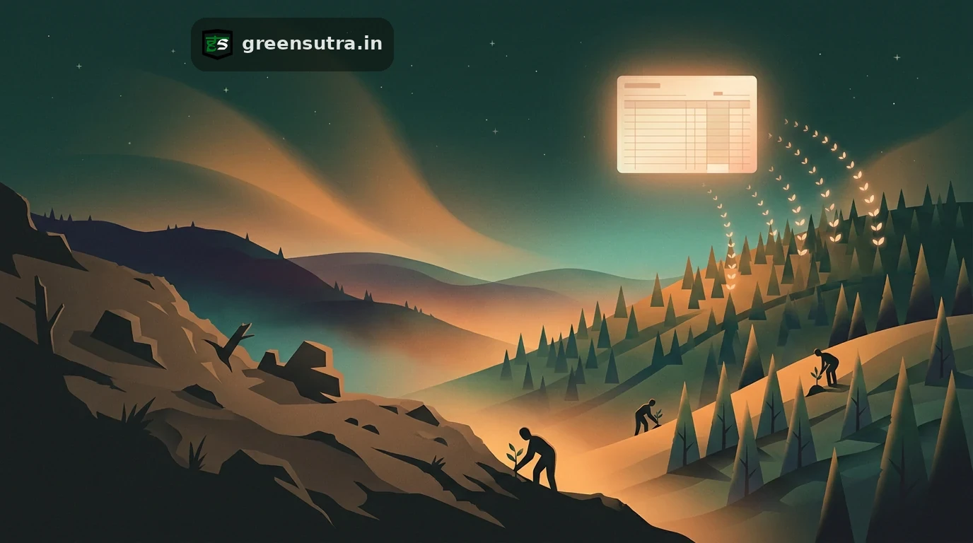 India's Green Credit Programme: a degraded hillside becomes a planted grove, each tree tallied onto a green-credit ledger card