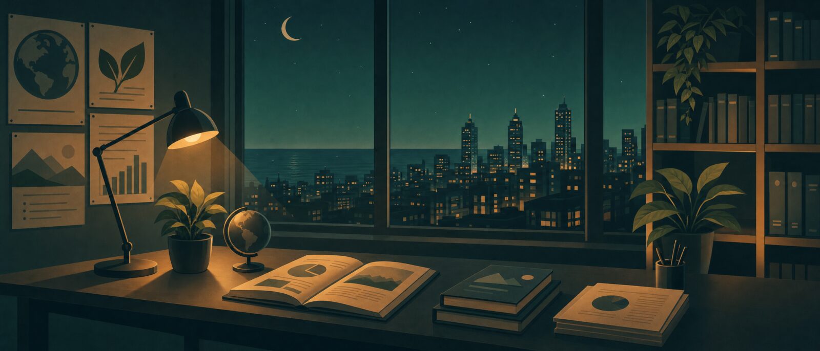 GreenSutra practice at night, consultant desk before a Mumbai skyline