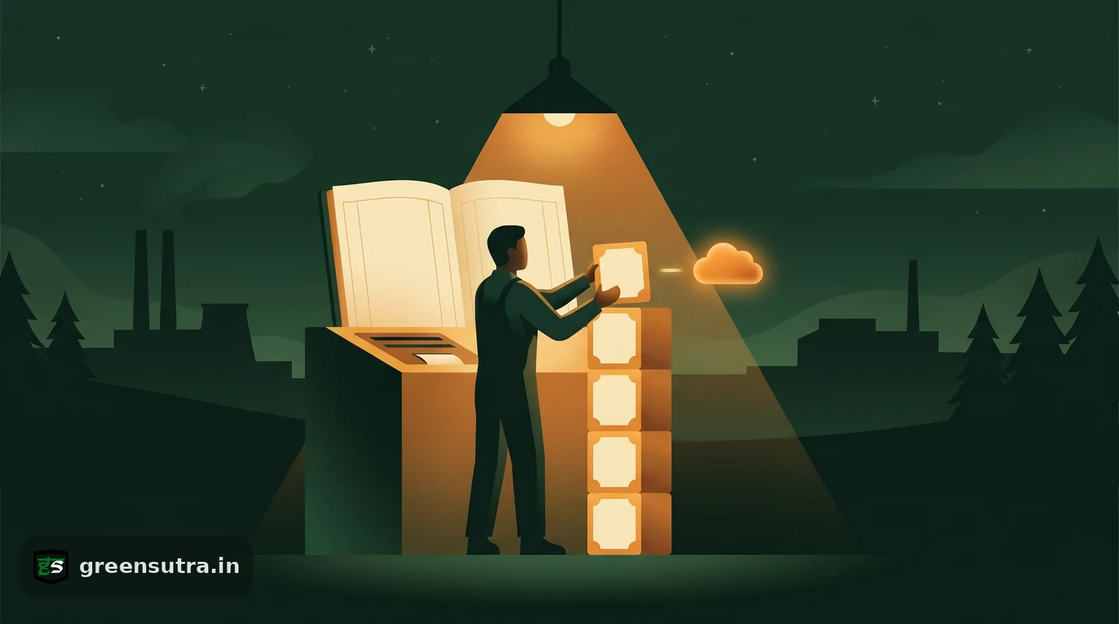 Night-vector illustration of a worker stacking CBAM certificate tiles at a ledger desk under amber light