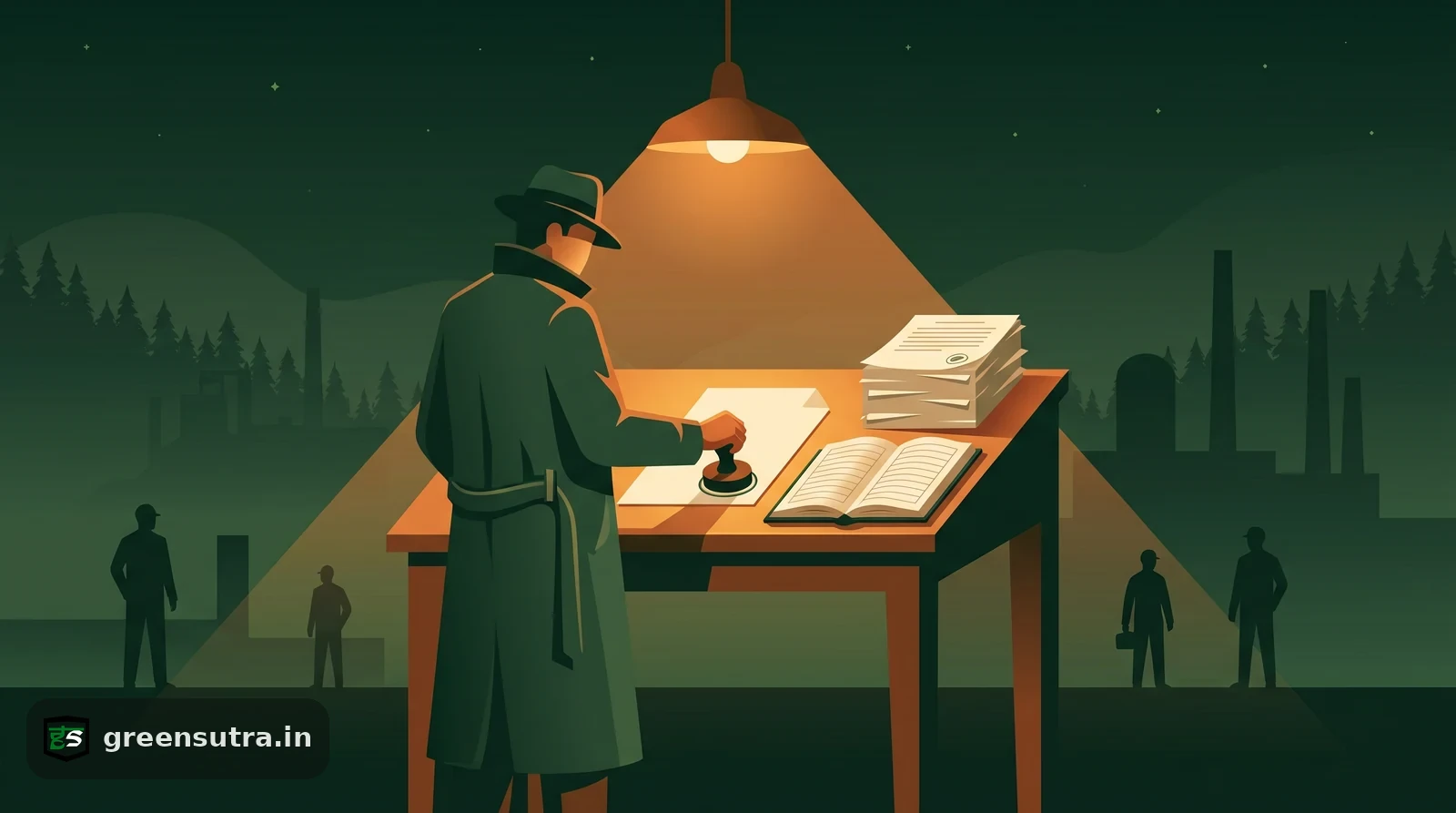 Flat night-vector scene of a faceless figure stamping a registered life cycle assessment EPD at a lamplit ledger desk