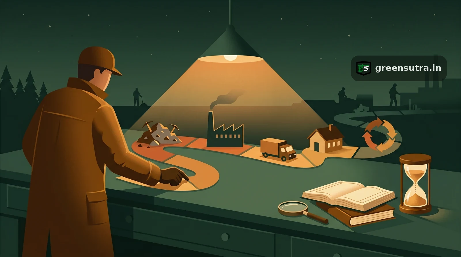 Faceless figure tracing a product life cycle assessment timeline on a ledger desk beside a glowing hourglass at night