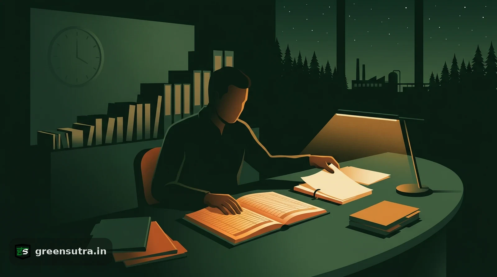 Faceless worker at a night desk assembling a first ESG report over a glowing ledger of site data