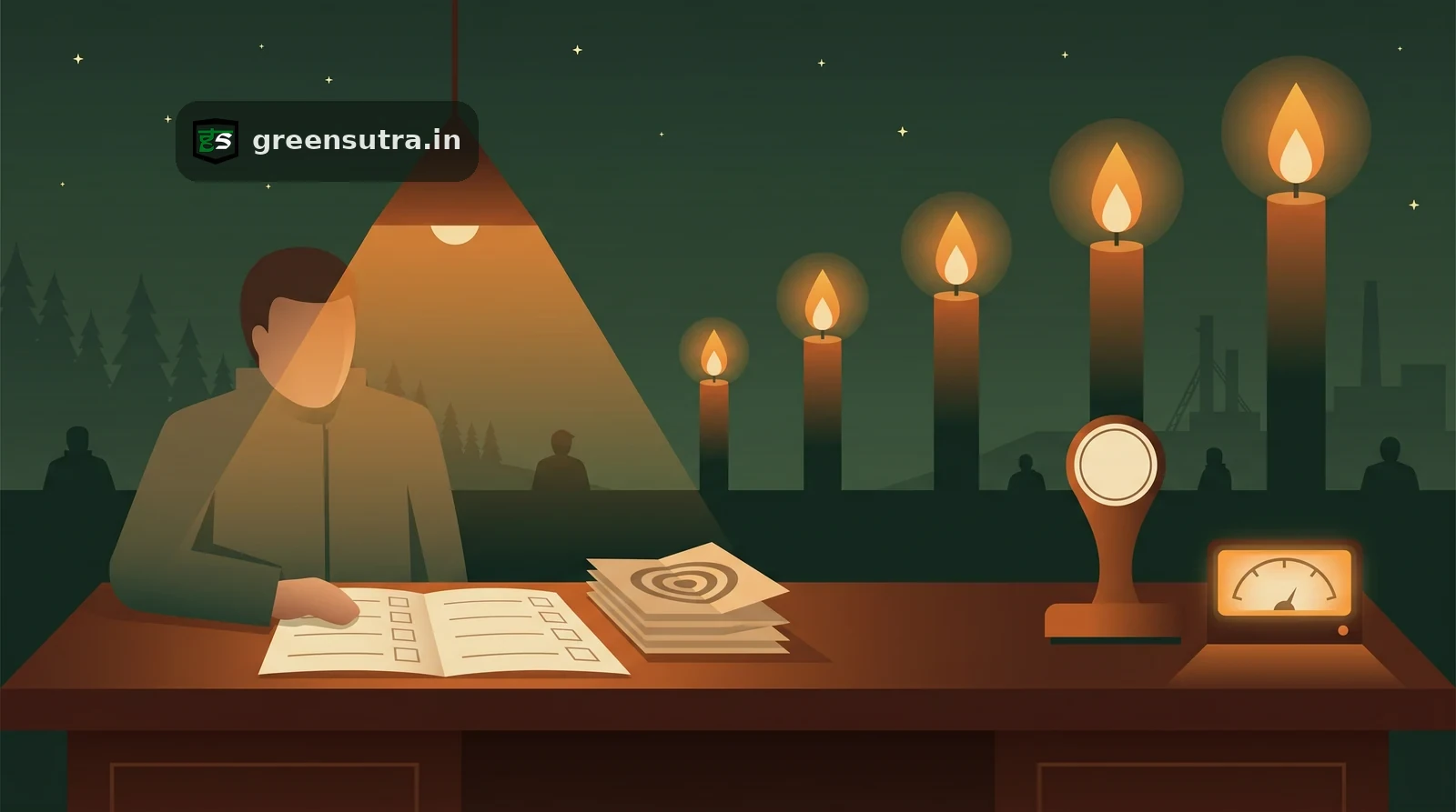 Night-vector scene of a reviewer checking a corporate carbon footprint net-zero target at a lamplit ledger desk