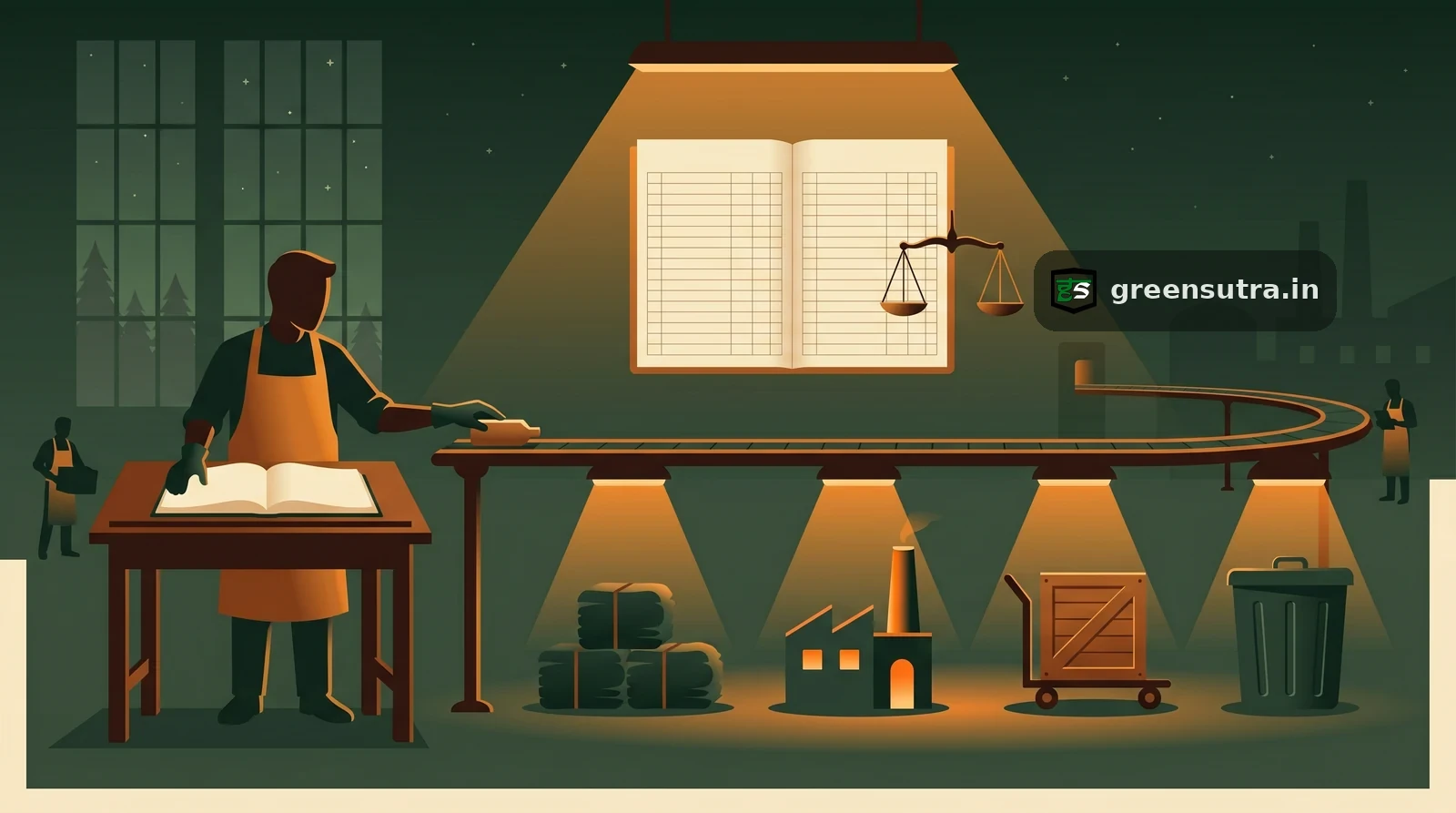 Night-vector figure at a ledger desk tracing a product's life cycle stages, illustrating carbon footprint calculation