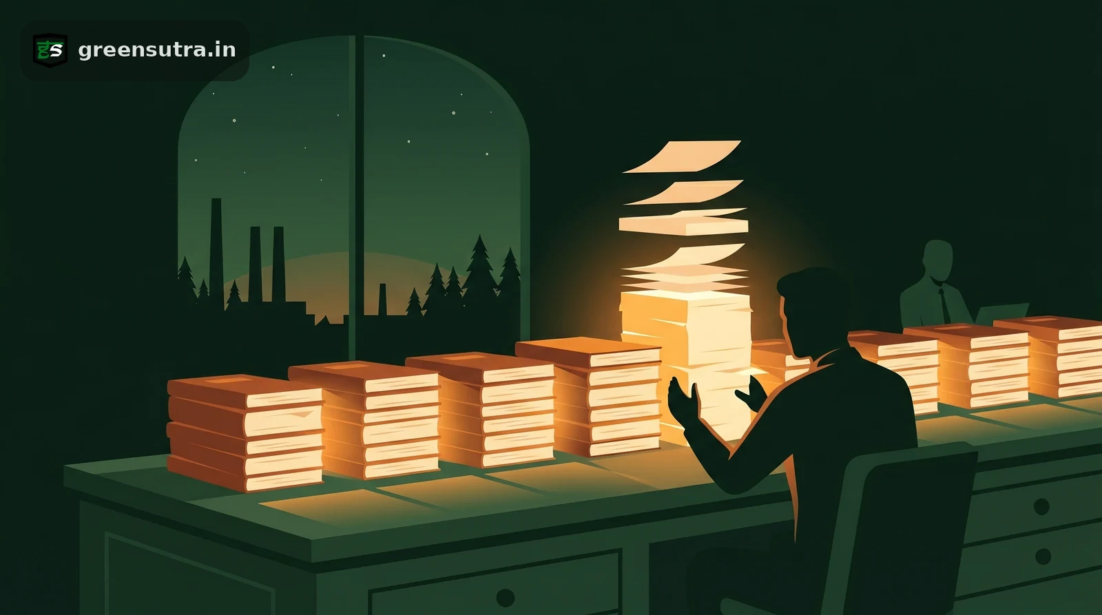 Night-vector figure stacking BRSR disclosure files under amber light, illustrating how to improve an ESG rating in India