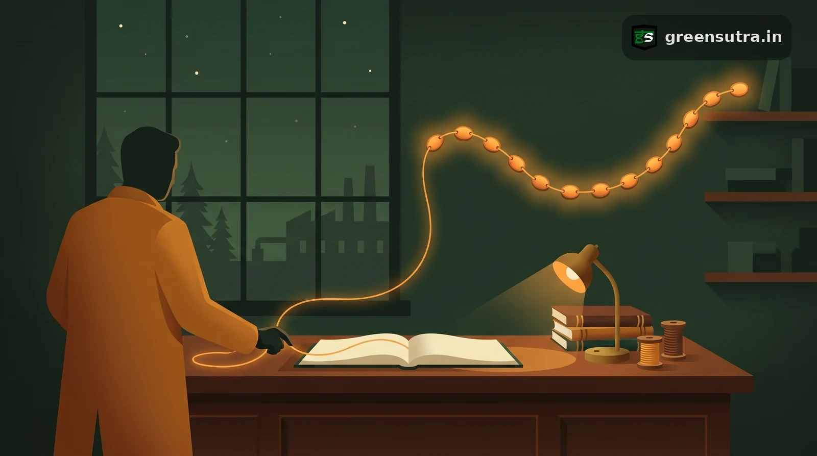 Night-vector scene of a faceless figure at a ledger desk tracing a fifteen-link Scope 3 value chain, carbon footprint