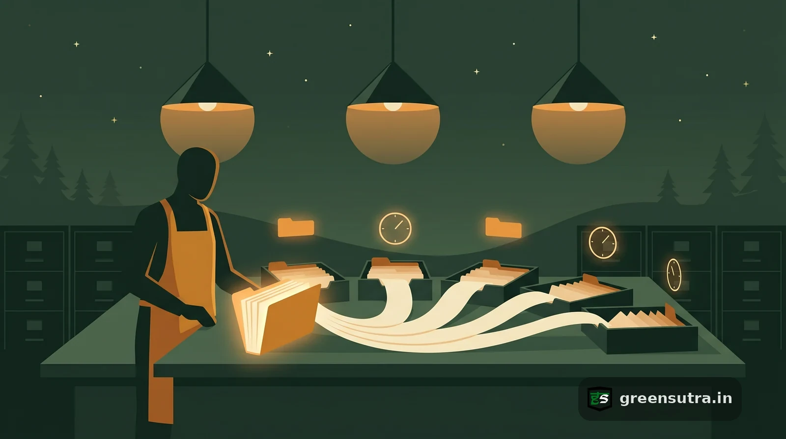 Night-vector scene of a faceless worker sorting one ESG evidence file into labelled trays under amber light