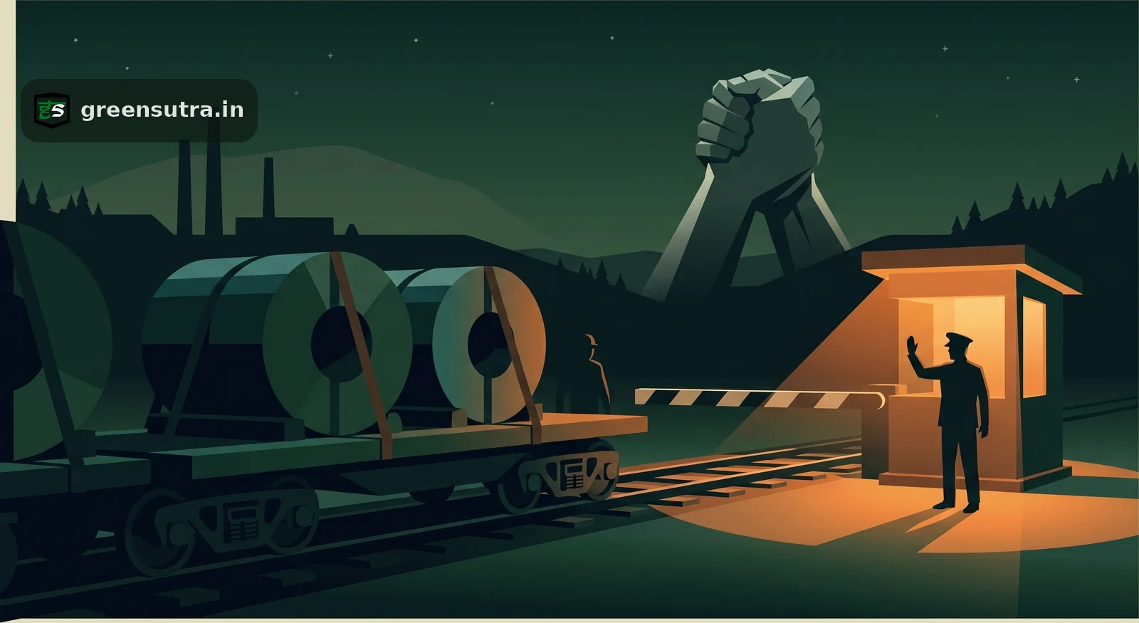 Steel coils on a rail wagon halted at a lowered barrier, unlit handshake monument behind, on the India-EU FTA and CBAM