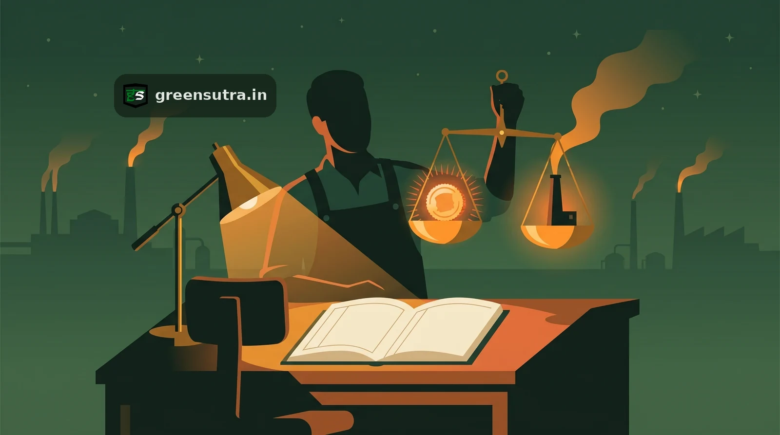 Night-vector figure weighs a glowing coin against an emission plume, illustrating internal carbon pricing and carbon footprint cost