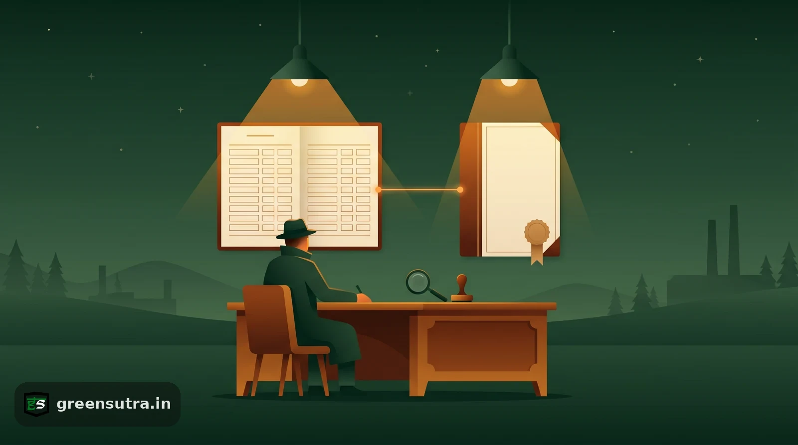 Faceless figure aligning two carbon standards documents under amber light, night vector scene, Carbon Footprint