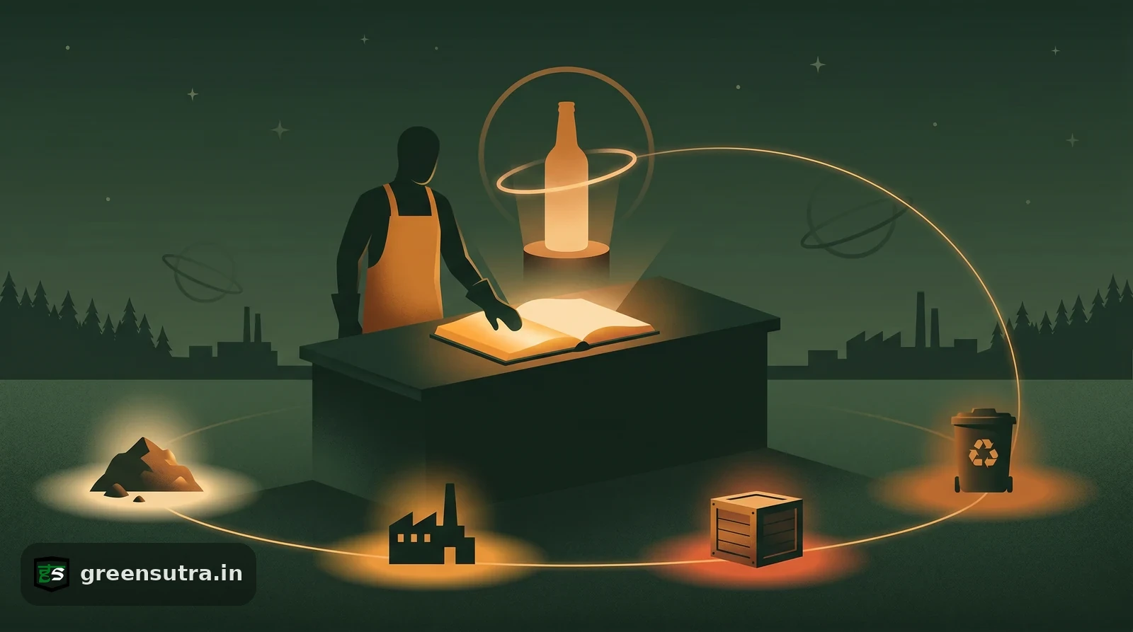 Night-vector scene of a faceless worker at a ledger desk tracing one product's carbon footprint life cycle