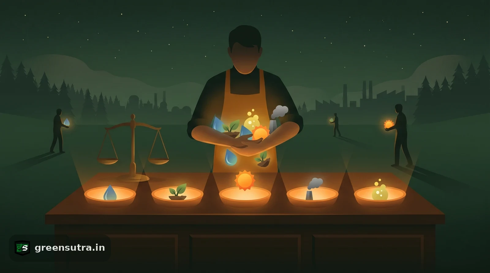 Night-vector figure sorting water, land, acidity and carbon tokens into amber basins, showing LCA impact categories beyond carbon