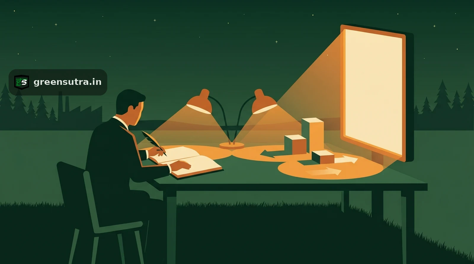 Faceless figure at a ledger desk beside a glowing amber screen, a life cycle assessment night scene