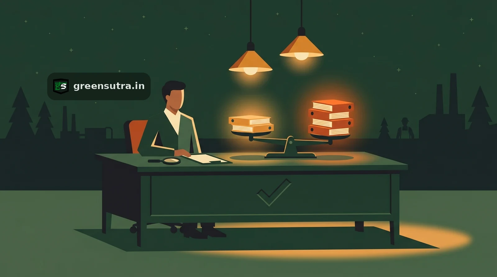 Night-vector auditor weighing two stacks of ESG assurance evidence on a balance scale under amber lamps