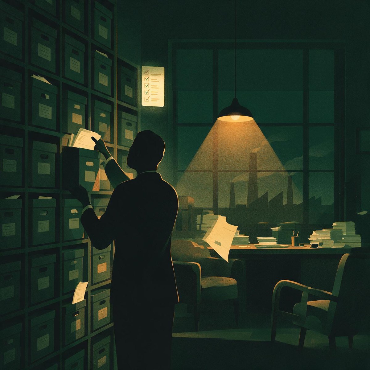 Consultant filing a non-ferrous metal EPR return into a wall of records with a ticked compliance checklist