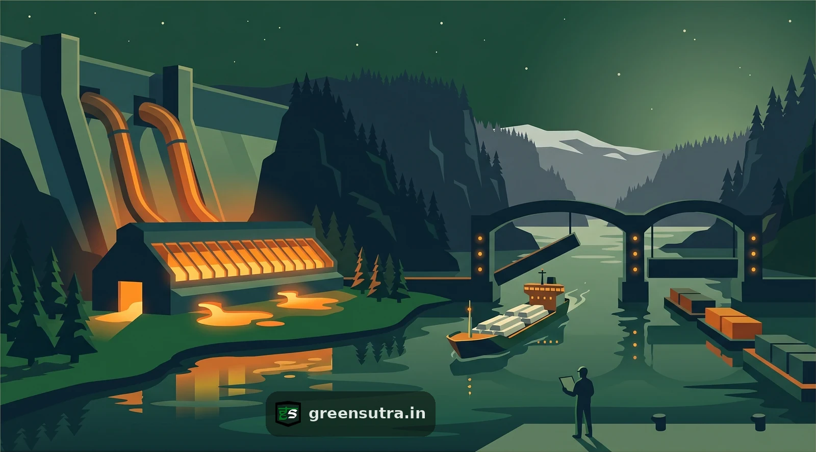 Fjord smelter fed by a hydro dam at night, an ingot ship through an open border gate, on Norway and Iceland aluminium CBAM