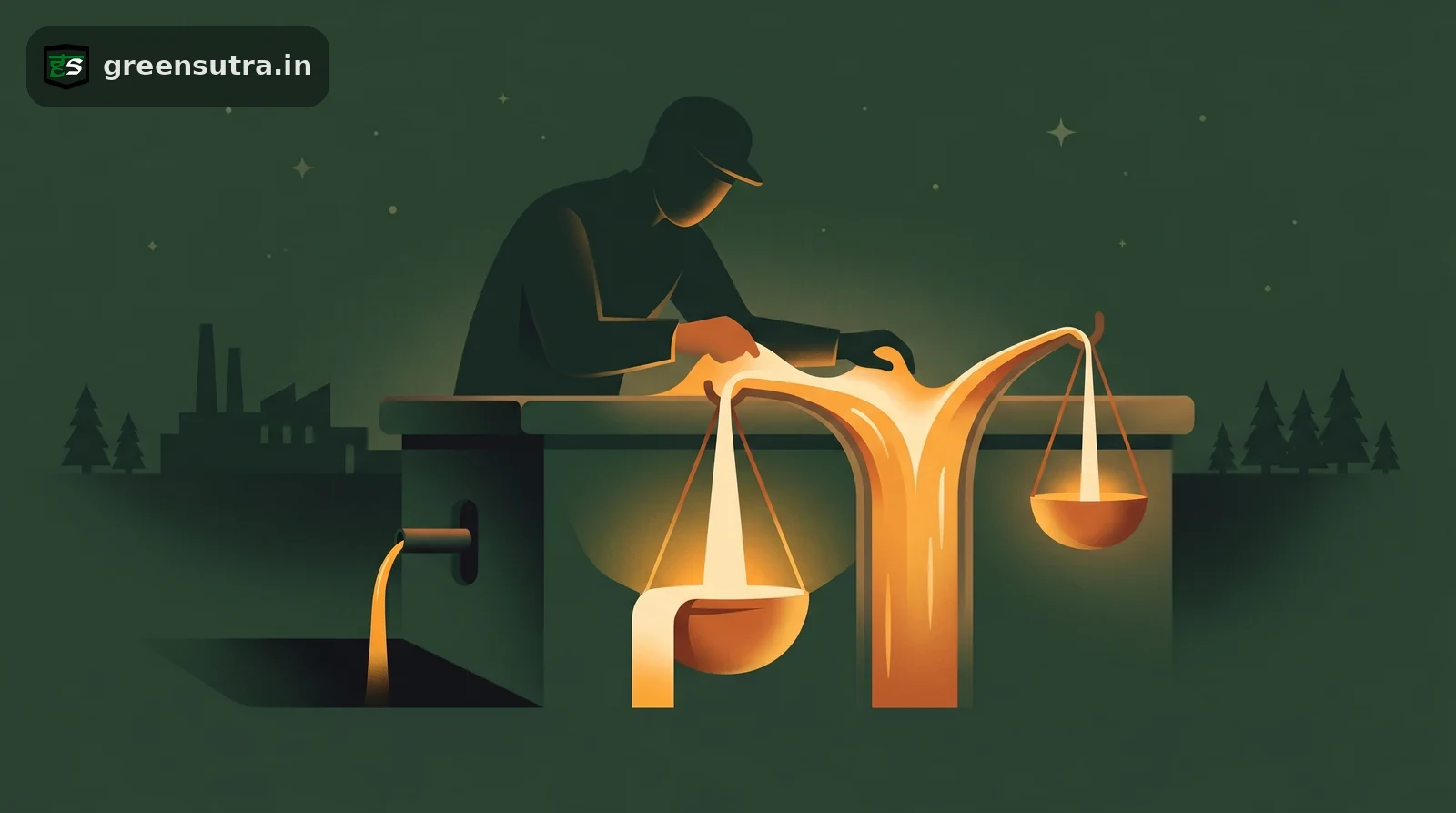 Night-vector figure at a ledger desk splitting one process into two co-product scale pans, life cycle assessment allocation