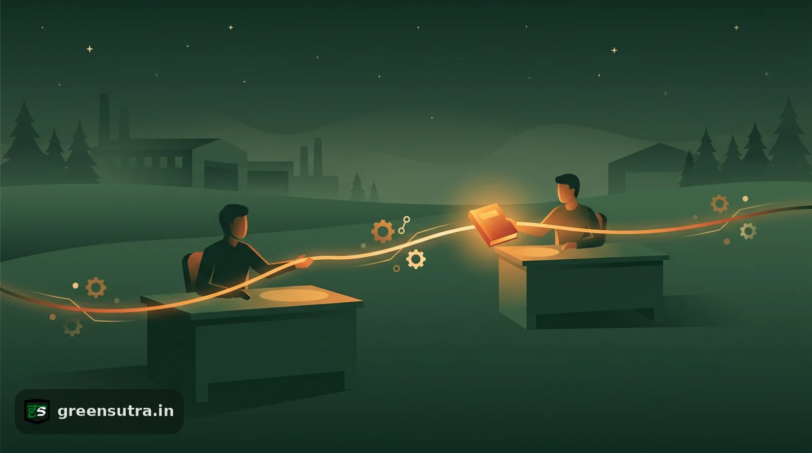 Night-vector scene of a carbon footprint ledger passed between two suppliers along a data thread