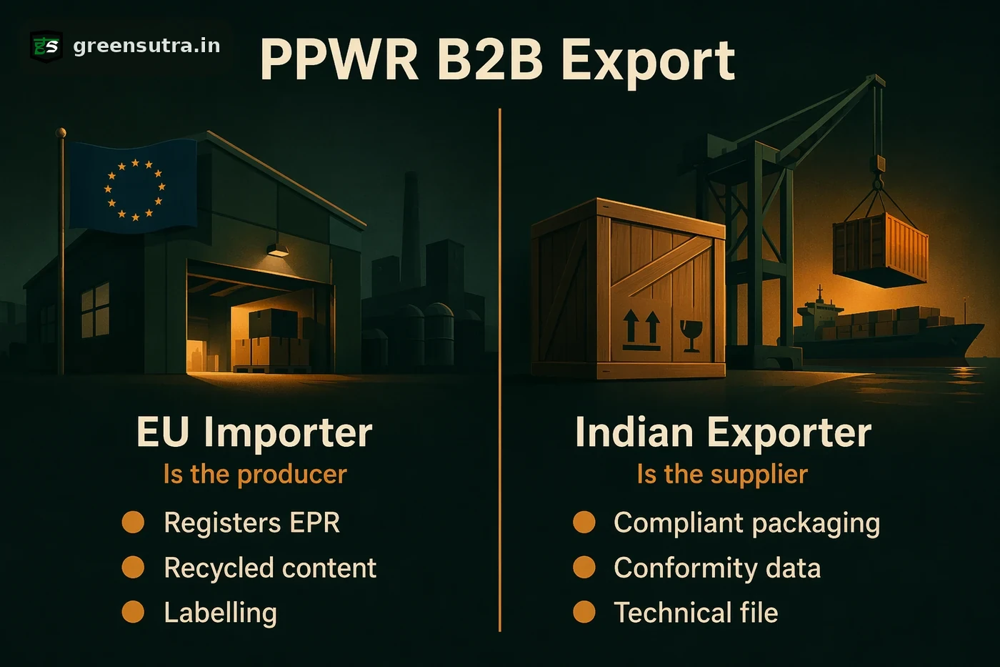PPWR duty-split diagram: EU importer is the producer while the Indian exporter supplies compliant packaging and conformity data