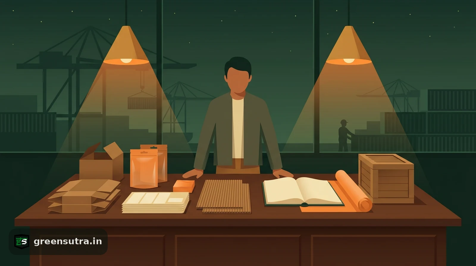 Night-vector scene of a faceless Indian exporter sorting packaging samples and PPWR conformity data at a ledger desk