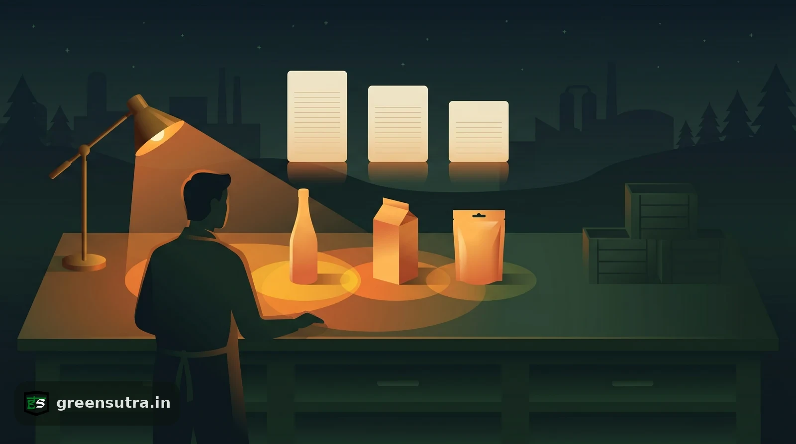 Night-vector scene of a faceless worker sorting packaging shapes into graded tiers under amber light for PPWR design for recycling