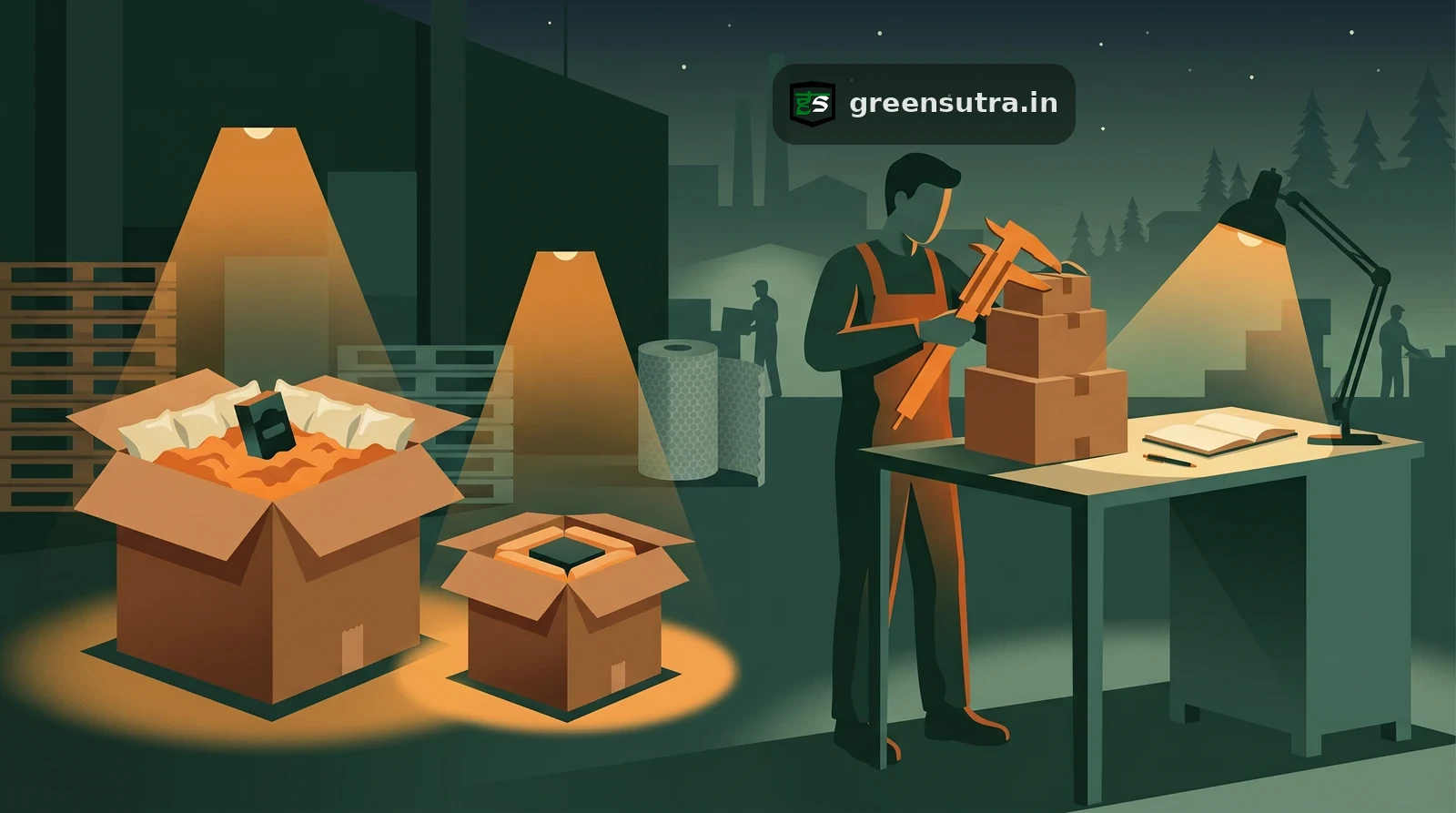 Night-vector worker measuring nested shipping cartons, illustrating PPWR packaging minimisation and empty-space rules