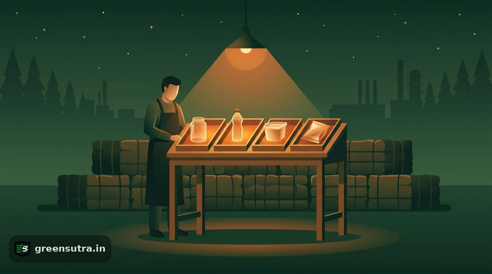 Night-vector scene of a faceless worker sorting plastic packaging samples into trays, illustrating PPWR recycled content targets.