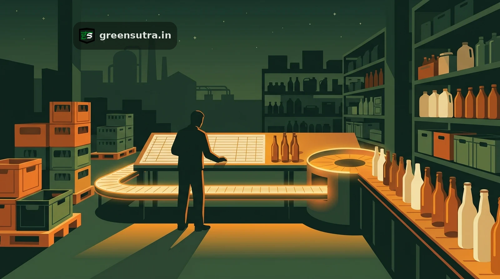 Night-vector scene of a worker sorting reusable crates and refill bottles, illustrating PPWR reuse targets