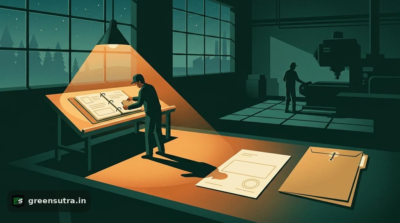 PPWR technical file: packaging-drawing binder, stamped declaration and evidence folder on a night inspection bench